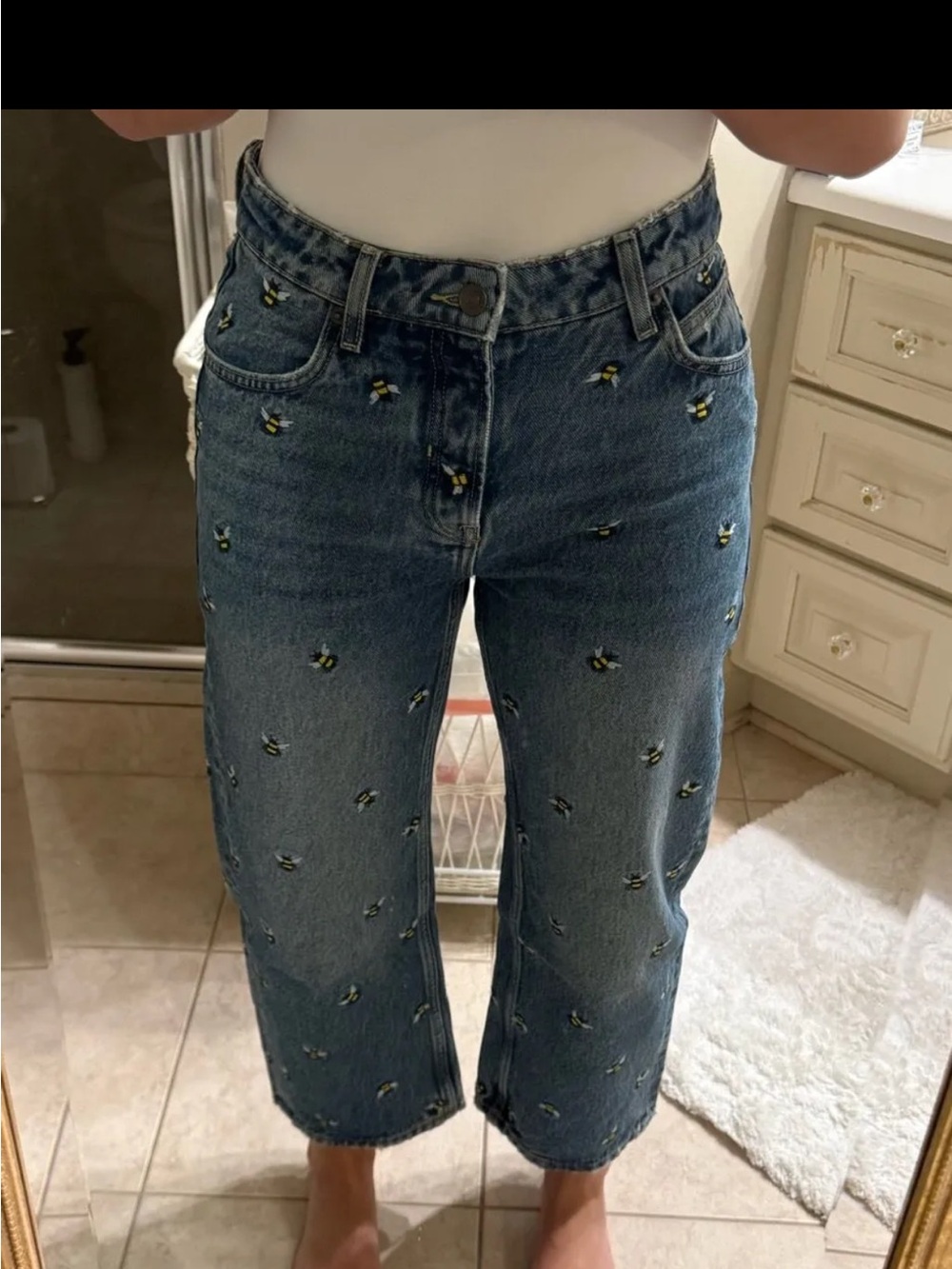 Free People Embroidered Bee Crop Jeans - Blue Denim